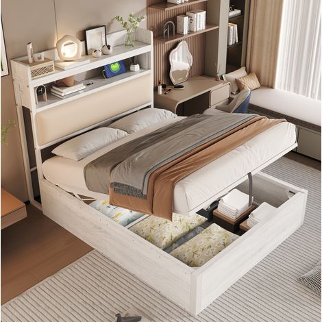 Cama 90x200 cm blanca de metal y madera con almacenaje hidráulico y USB (1/5)