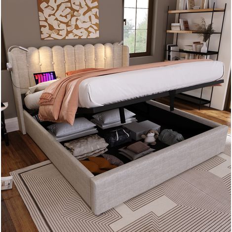 Stauraumbett 160x200 cm Naturstoff mit USB-Licht, ohne Matratze – MEUBLIV (1/5)