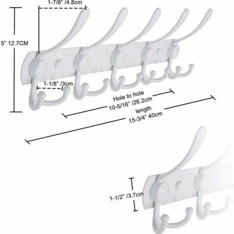 (Weiß) Wandgarderobe – 5 verschiedene Haken, robust, Edelstahl, Metallgarderobe für Kleidung, Handtücher, Handtaschen, Bademäntel, Badezimmereingang