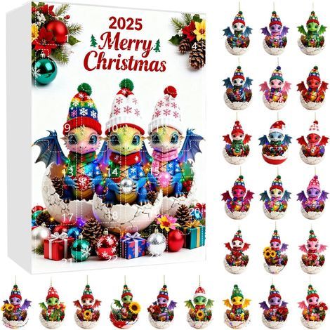 Dekorativer Adventskalender, festliche 2D-Weihnachtsdekoration aus Acryl, 24-tägiger Adventskalender mit Dinosaurier-Anhänger – für Erwachsene, Familien, Frauen und Männer (1/5)