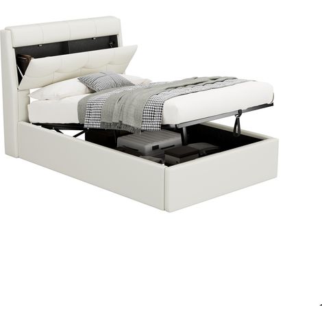 Lit rembourré élégant 90200, lit hydraulique, rangement dissimulé dans la tête de lit, coffre de lit, PU, avec sommier à lattes et tête de lit, sans matelas, Blanc