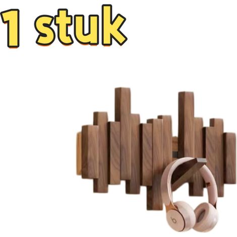 Porte-manteau mural en bois forme touche de piano, 4 crochets magnétiques pliables, décoration moderne, 28,8 x 20,8 cm, noyer (1/5)