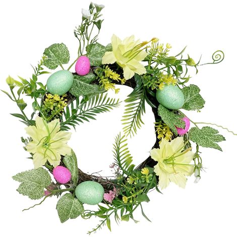 Guirlande De Pâques - Guirlande Artificielle Avec Œufs En Plastique Et Fleurs Sauvages - Pour Porte D'Entrée Intérieure Ou Mur - 30 Cm - 1 Pièce (1/5)