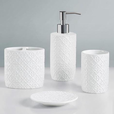 Ensemble d'accessoires de Salle de Bain en céramique, Organisateur de Rangement pour décoration de Coiffeuse, médaillon damassé en Relief, Distributeur de Lotion/Savon, Porte-Brosse à (1/5)