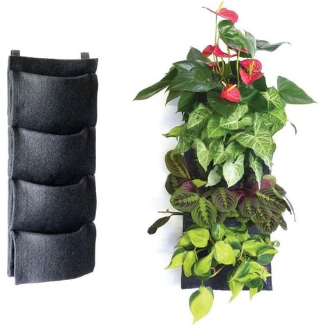 Pot de jardin vertical à 4 poches, 1 pièce, pot mural en feutre avec 4 poches pour herbes, fleurs et légumes, gain de place pour balcon, terrasse et jardin, avec drainage, facile à suspendre (1/4)