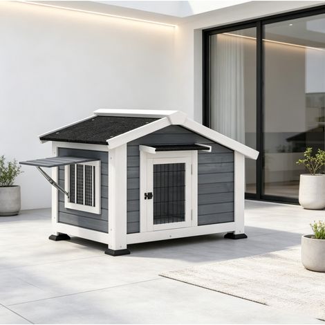 Niche extérieure surélevée pour chien avec toit amovible et grille en métal, gris et noir (1/5)