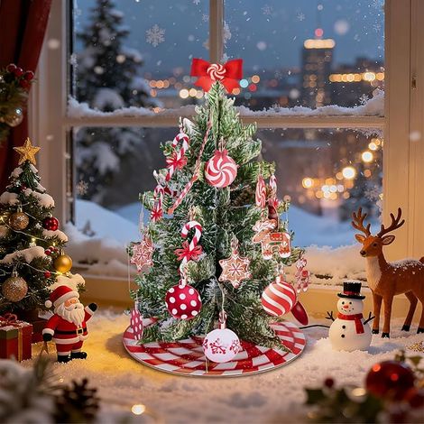 Mini sapin artificiel avec nœud 30 cm Rouge/blanc Décoré avec des sucres d'orge et des boules (1/5)