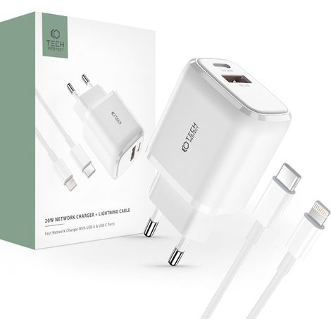 TECH-PROTECT C20W 2-Port-Netzwerkladegerät PD20W/QC3.0 + Lightning-Kabel Weiß