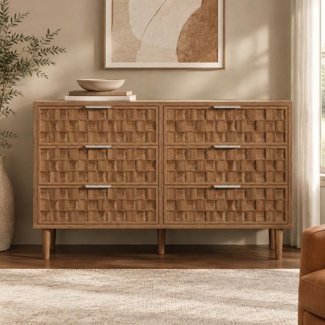 Sideboard 120 x 37 x 77 cm aus MDF in Eichenoptik mit 6 Schubladen und Metallgriffen (1/5)