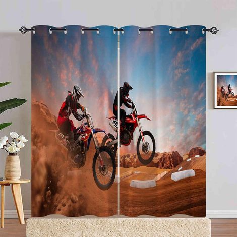 Rideau Occultant Extrême Sports Moto Cross Rideau Thermique Isolant Draperies Intérieurs Tenture Opaque à Oeillets pour Maison Chambre Salon Fenetre 2 Pièces L 140 x H 280 cm - 140L X 280H cm (2 Panne (1/5)