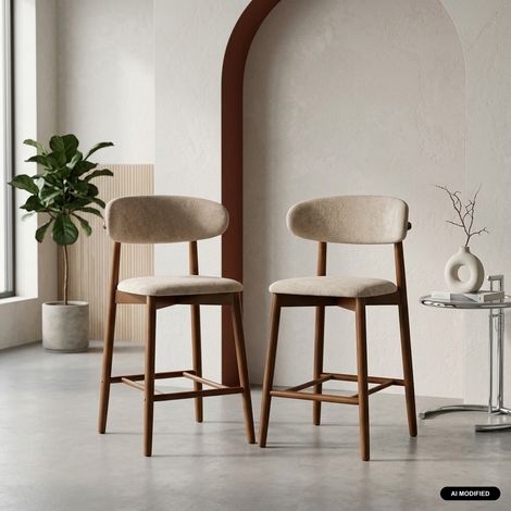Lot de 2 tabourets de bar en bois d'hévéa noyer et tissu chenille - Paola Noyer / Taupe (1/5)