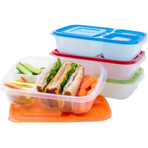 Ensemble de 4 boîtes à lunch réutilisables à 3 compartiments Boîtes à bento sans BPA pour enfants et adultes Boîtes à repas empilables pour l'école, le travail et les déplacements (Classique) (1/5)