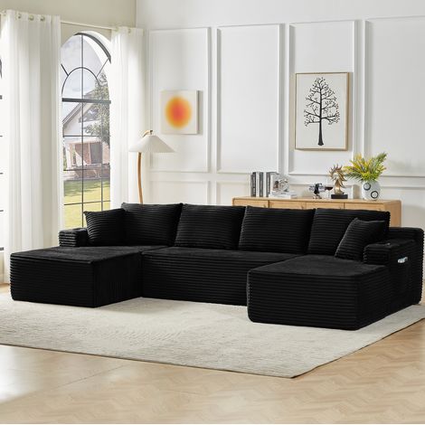 Divano modulare a U senza struttura, 3 elementi, tessuto corduroy nero, senza montaggio OKMYHOME (1/5)