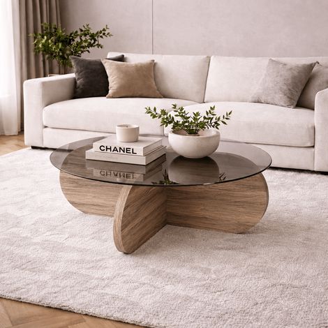 Runder Couchtisch Aris Walnuss Melamin und transparentes Glas 75