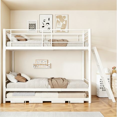 Lit superposé 90x200 cm blanc en métal et bois avec couchage inférieur extensible (1/5)