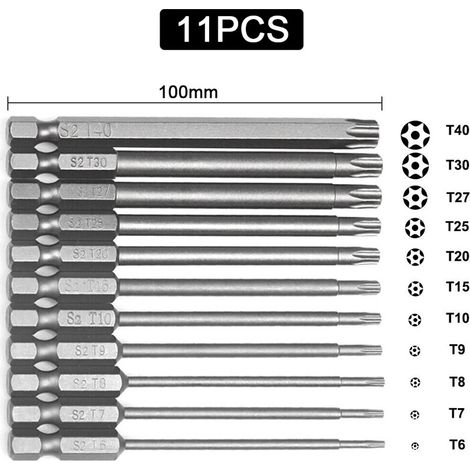 Jeu de 11 embouts de tournevis Torx à tête magnétique hexagonale de sécurité, extra longs, de 50 à 100 mm. (1/4)
