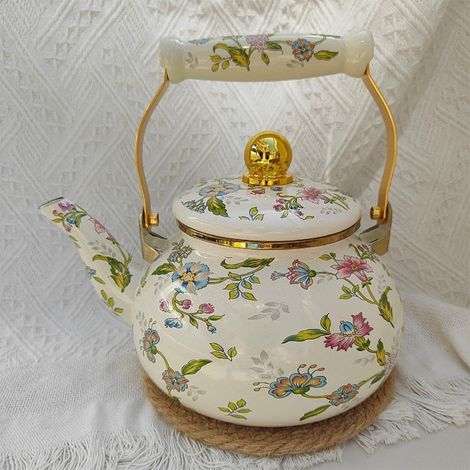 1 Théière, émail, motif floral, poignée froide, compatible induction gaz, cuisine salon