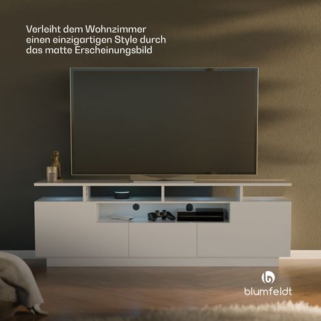 Klarstein TV Board Weiss, Wohnzimmer Möbel für TV, 150 cm Fernsehschrank mit Color-LEDs, Großes TV-Lowboard, Niedrige TV-Schränke mit Stauraum, Schrank für Fernseher, TV-Schrank Modern, Weiß (1/5)