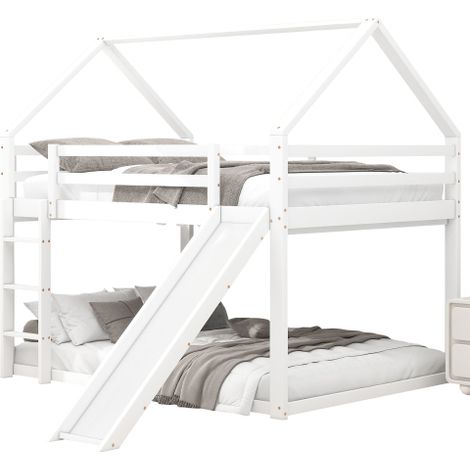 Lit superposé maison 140x200cm blanc avec toboggan et échelle (1/5)