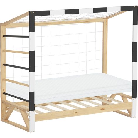 ML-Design Kinderbett Fußballtor 70x140 cm mit Matratze, Holzbett mit Lattenrost, Kletterleiter, Netz, Jugendbett Kiefernholz, Einzelbett für Kinder, Bettgestell Spielbett Fußballbett-Tor Handballtor