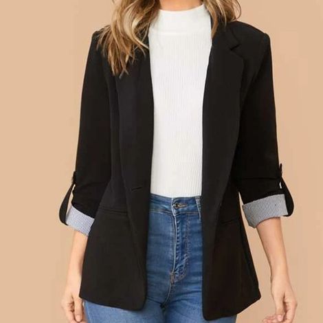 Veste de tailleur femme noire taille M, col rabattu, manches 3/4, ouverte sur le devant, idéale pour le bureau. (1/3)