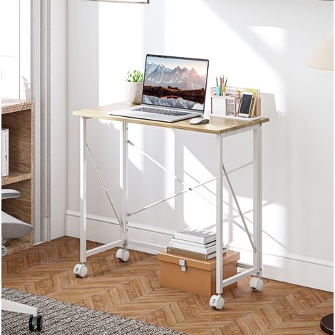 Escritorio plegable con ruedas, ahorra espacio, 80 x 40 x 75 cm, acero y MDF natural DESVIAE (1/5)