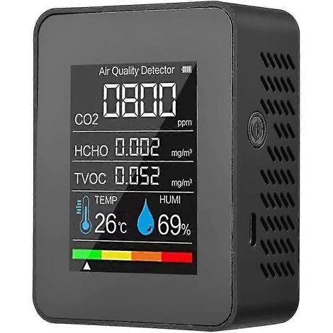 Moniteur de qualité de l'air 5 en 1 : TVOC, HCHO, température, humidité, CO2, détecteur de CO2 rechargeable par USB (1/5)