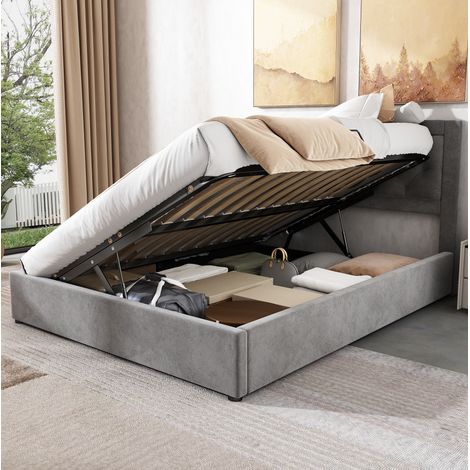Bett Chesterfield 140x200 cm aus Samt in Grau, Stahlrahmen, gepolstertes Kopfteil, Stauraum links oder rechts anhebbar (1/5)