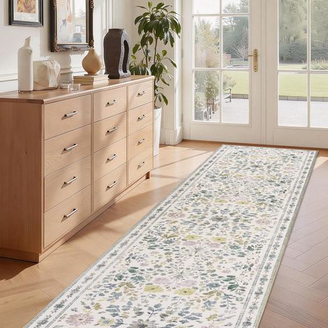 Beige Doux Tapis Couloir 80x300cm Antidérapant Lavable en Machine Vintage Tapis Couloir Boho Floral Long Carpet pour Cuisine Entrée Chambre (1/5)