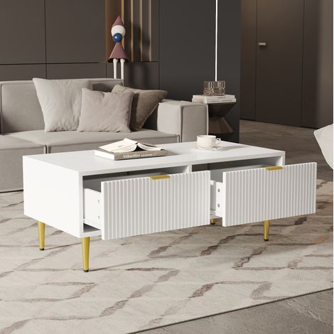 Mesa de centro MDF blanco y oro 100 cm con 2 cajones (1/5)