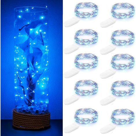 Lot de 10 guirlandes lumineuses LED à piles 1m 10 LED fil d'argent bleu étanche bouteille étoile guirlandes lumineuses pour Noël fête de mariage chambre décoration extérieure intérieure (1/5)