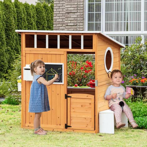Maison de jeu pour enfants en bois naturel, naturelle, avec boîte aux lettres et jardinière