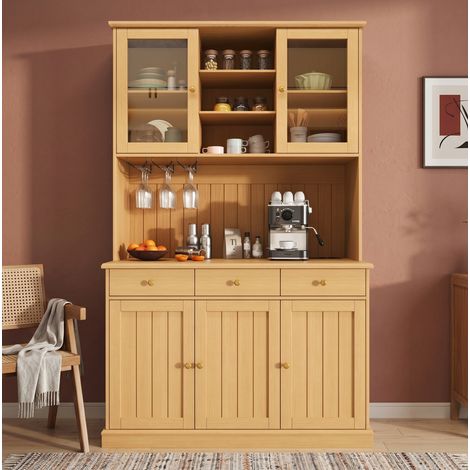 Aparador alto 120 x 40 x 191 cm con puertas de cristal, portavasos y USB HAVRYA (1/5)