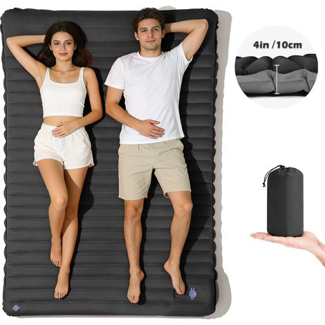 (Noir) Tapis gonflable double couche de 4 pouces d'épaisseur, gonflage rapide, portable, adapté à la randonnée. (1/5)