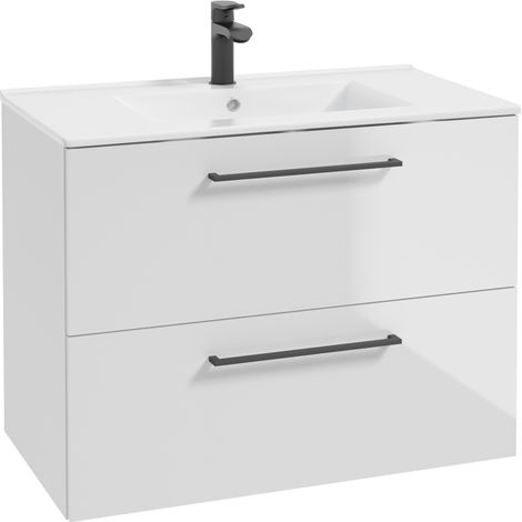 Einzel-Waschtisch, 80 cm breit, in weiß Hochglanz lackiert mit Metallgriffen in schwarz, 2 Schubladen und Keramikwaschbecken MESSINA-107, B/H/T ca. 80/62/46 cm (1/5)