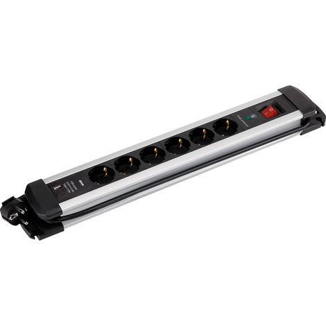 Base múltiple, 6 tomas, schuko 2p+t, 2 usb a+c, 16 a 250 v,1,5 m cable, c/interruptor y prot.sobretensiones, aluminio