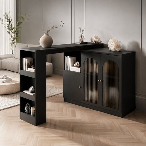 Meuble bar pivotant 360° 120 x 40 x 97 cm en MDF noir HAVRYA (1/5)