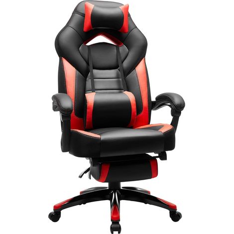 Fauteuil Gamer Ergonomique, Chaise Gaming, Fauteuil de Bureau, avec Repose-Pieds télescopique, Appui-tête réglable, Support Lombaire, capacité de Charge 150 kg, Rouge et Noir OBG77BR (1/5)