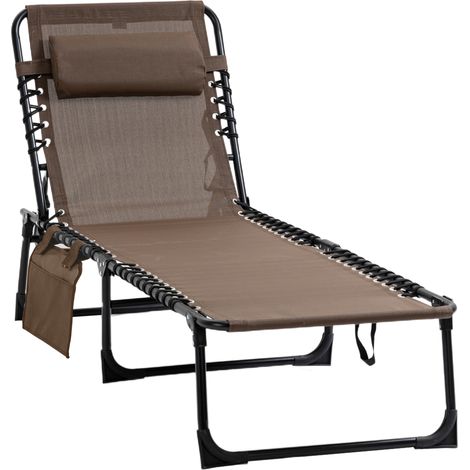 Chaise longue pliante jardin oreiller poche latérale, dossier 5 positions, résistante intempéries, charge 120 kg, piscine plage, marron