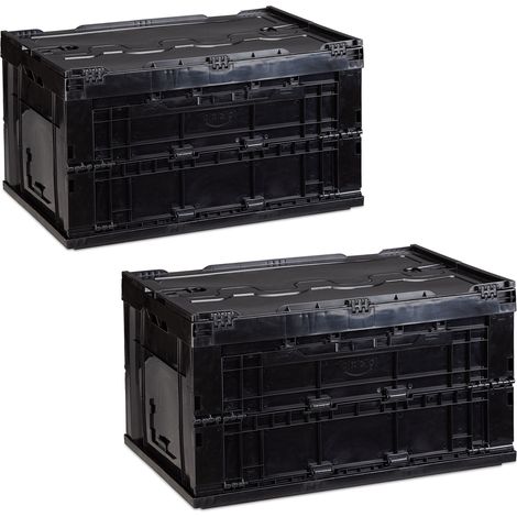 Set of 2 Relaxdays Professional Storage Boxes, Sturdy, Commercial Crate, Lidded, 60x40x32cm, Black