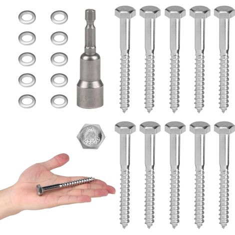10 PCS Vis Tire-Fond Avancées Tête Hexagonale M8 x 100 mm Inox AISI 304 (A2), Tirefond Beton avec Rondelles et Clé à Six Pans, Vis à Bois Tête Hexagonale Autoperceuse, pour Assembler le Bois