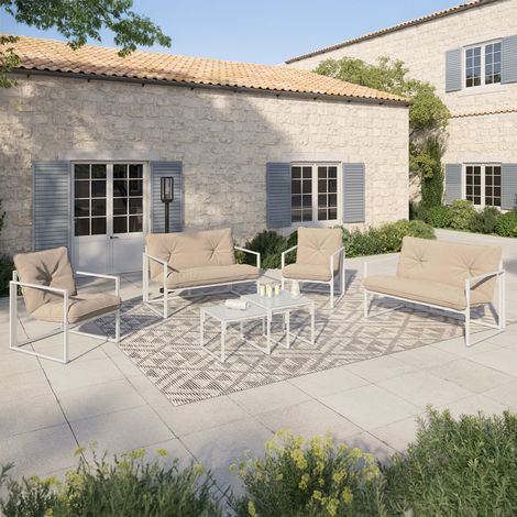 NAIROBI Conjunto de muebles bajos de jardín de 6 plazas de acero blanco con cojines beige