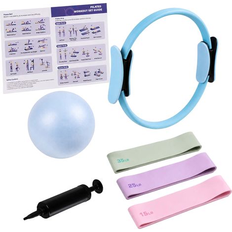 Relaxdays Pilates Set, 6-teilig, Ring, Ball mit Pumpe, Widerstandsbänder 3 Stärken, Pilateszubehör für zuhause, blau (1/5)