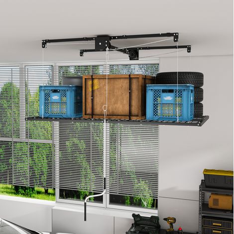 Étagère de rangement de garage au plafond 244 x 120 cm, acier, manivelle, 136 kg HAVRYA (1/5)