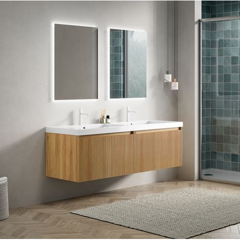 Meuble vasque mural 140 cm avec 2 vasques rectangulaires en résine, naturel et blanc (1/5)