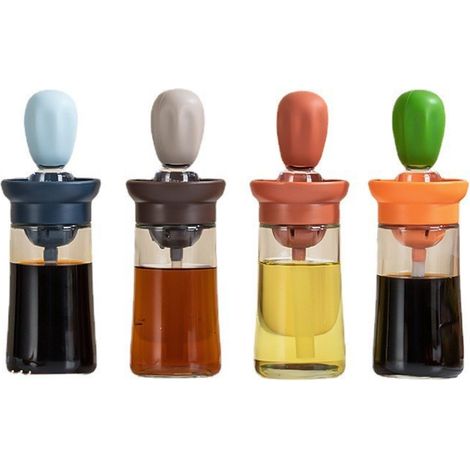 Dispenser di olio 2 in 1 - Con spazzola in silicone - Con funzione push-and-dispenser e lubrificante - Flacone per olio con tubo flessibile - 180 m - 4 pezzi (1/3)