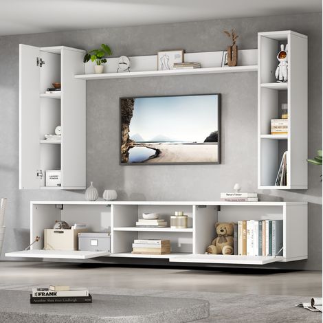 Meuble TV mural en panneau de particules blanc 180x35x33,5 cm, set 4 pièces avec 2 colonnes et 1 étagère murale (1/5)