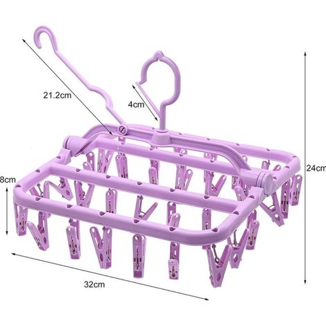 Étendoir à chaussettes, cintre pliant pour chaussettes avec 32 pinces à linge, cintre pliable en plastique pour sous-vêtements et étendoir à chaussettes (violet) (1/3)