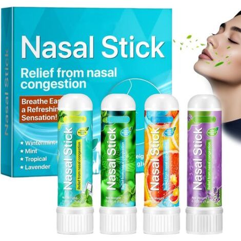 Nasal Stick 4 Pack, Inhalateur Nasal, Bâton Inhalateur Nasal, Soulagement Rapide d'un Nez Bouché, Améliore la Respiration et Stimule la Concentration, Fait Avec des Huiles Essentielles et du Menthol (1/5)