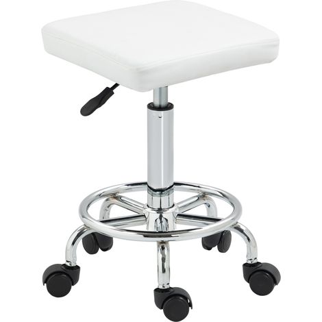 Beyamis Verstellbarer Drehhocker mit gepolsterter Sitzfläche, Fußstütze und Rollen für Wohnzimmer und Werkstatt, 34 x 34 x 50–66 cm, Weiß